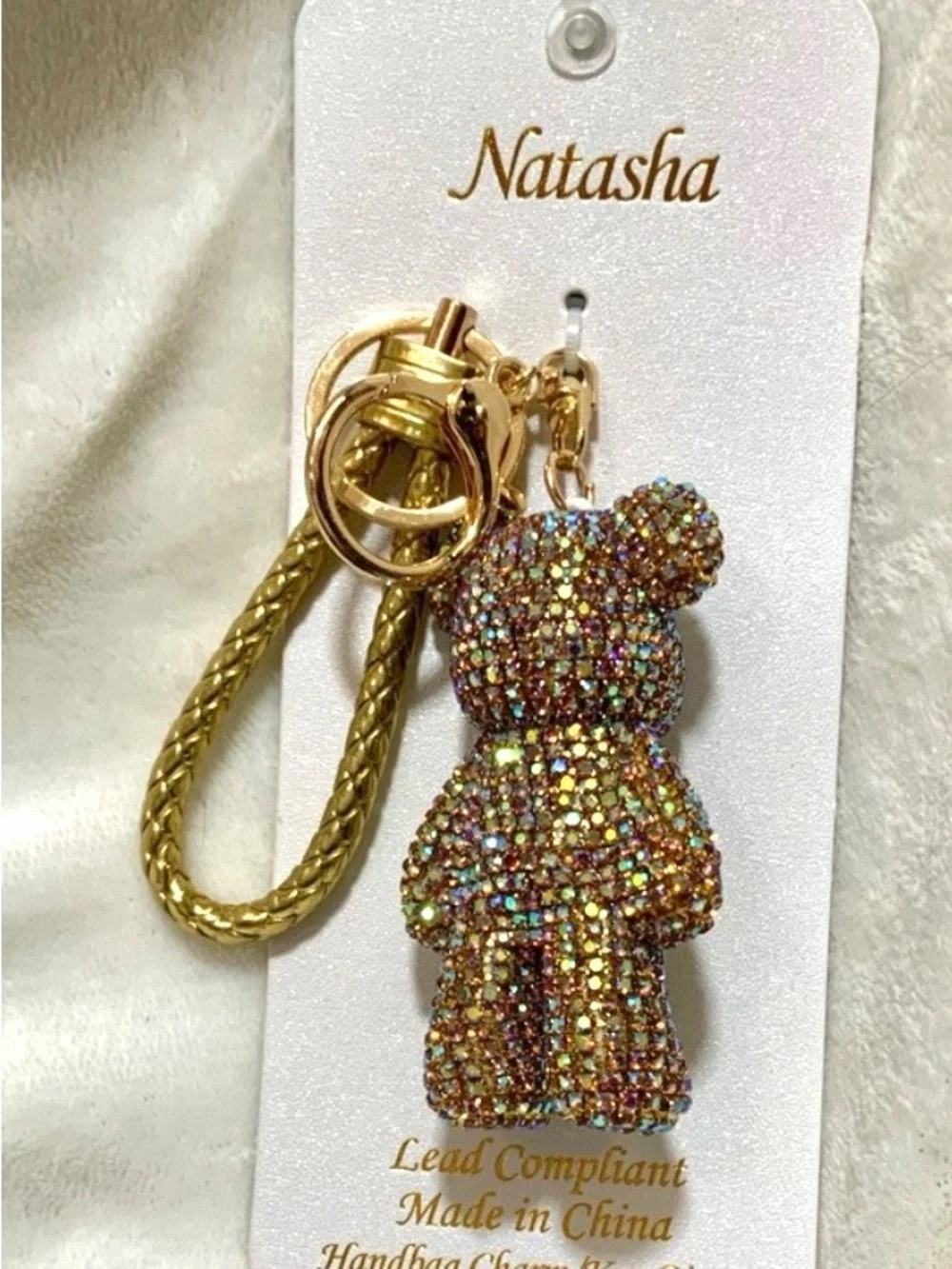Natasha Couture Gold Multicolor Crystal Teddy Bear Keychain bag charm new
